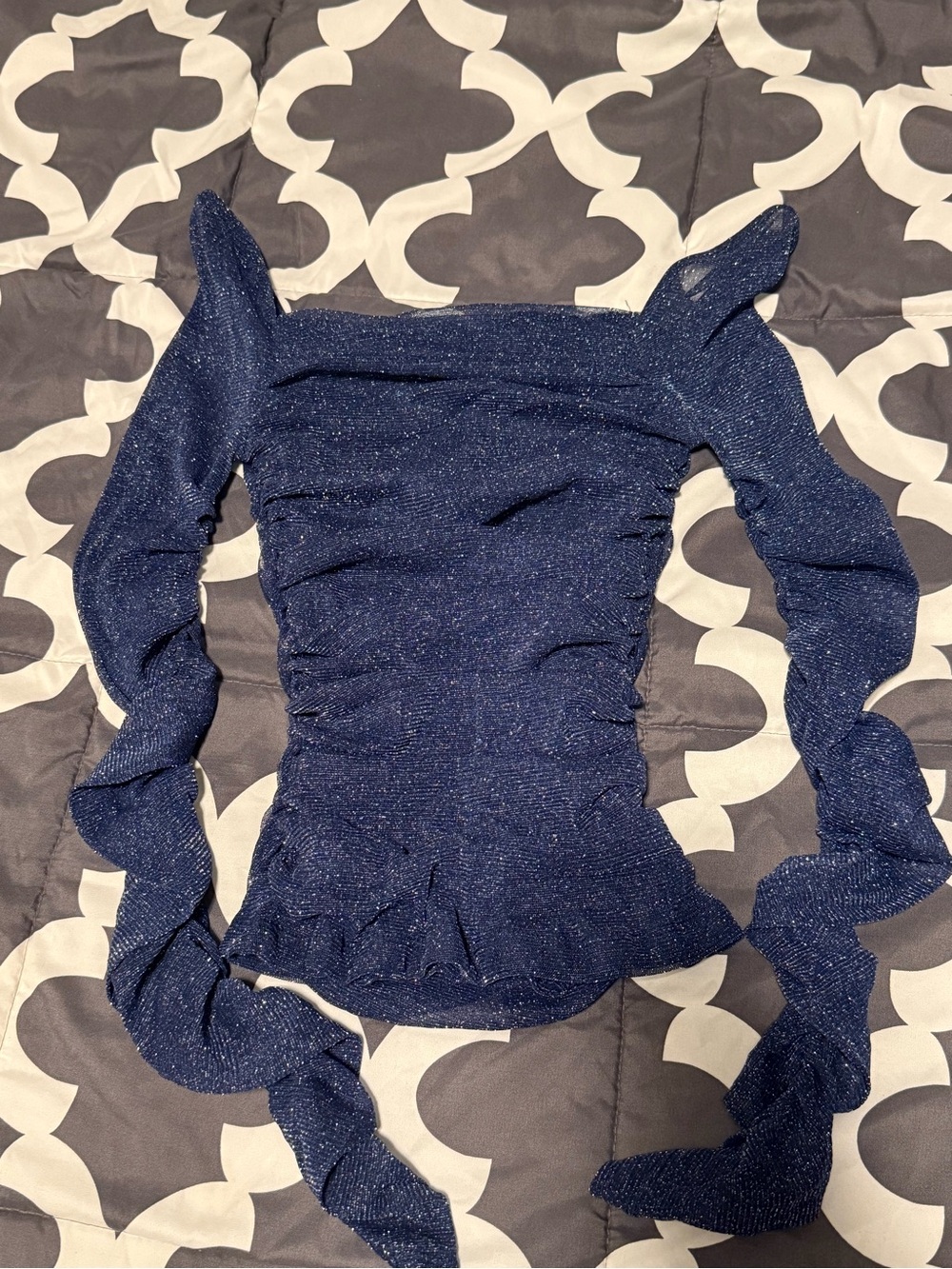 NWOT Navy Blue Ruched Metallic Off-Shoulder Sheer Sleeved Top
